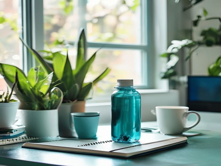 Person taking a mindful pause at their desk with a clear workspace and plant nearby
